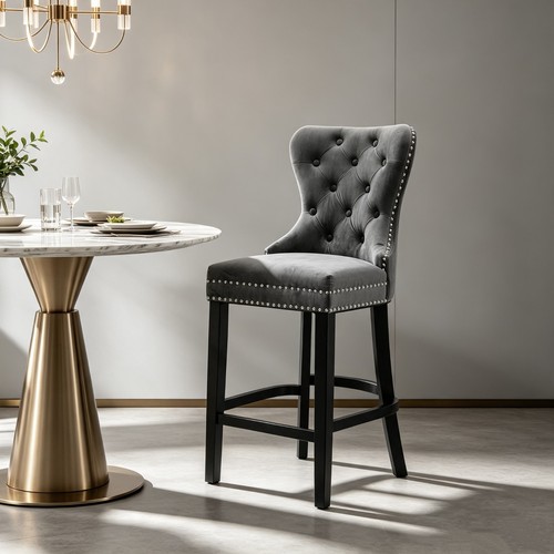 Grey velvet fixed bar - fixed, stools